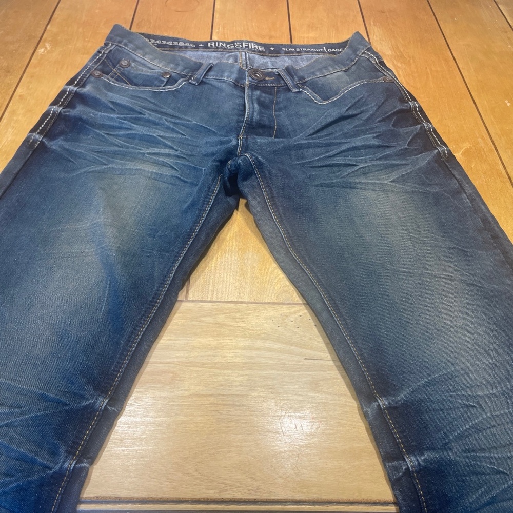Ring of Fire Gage St. Jeans Heavily Whiskered 32x34 Buckle Pockets Slim Straight